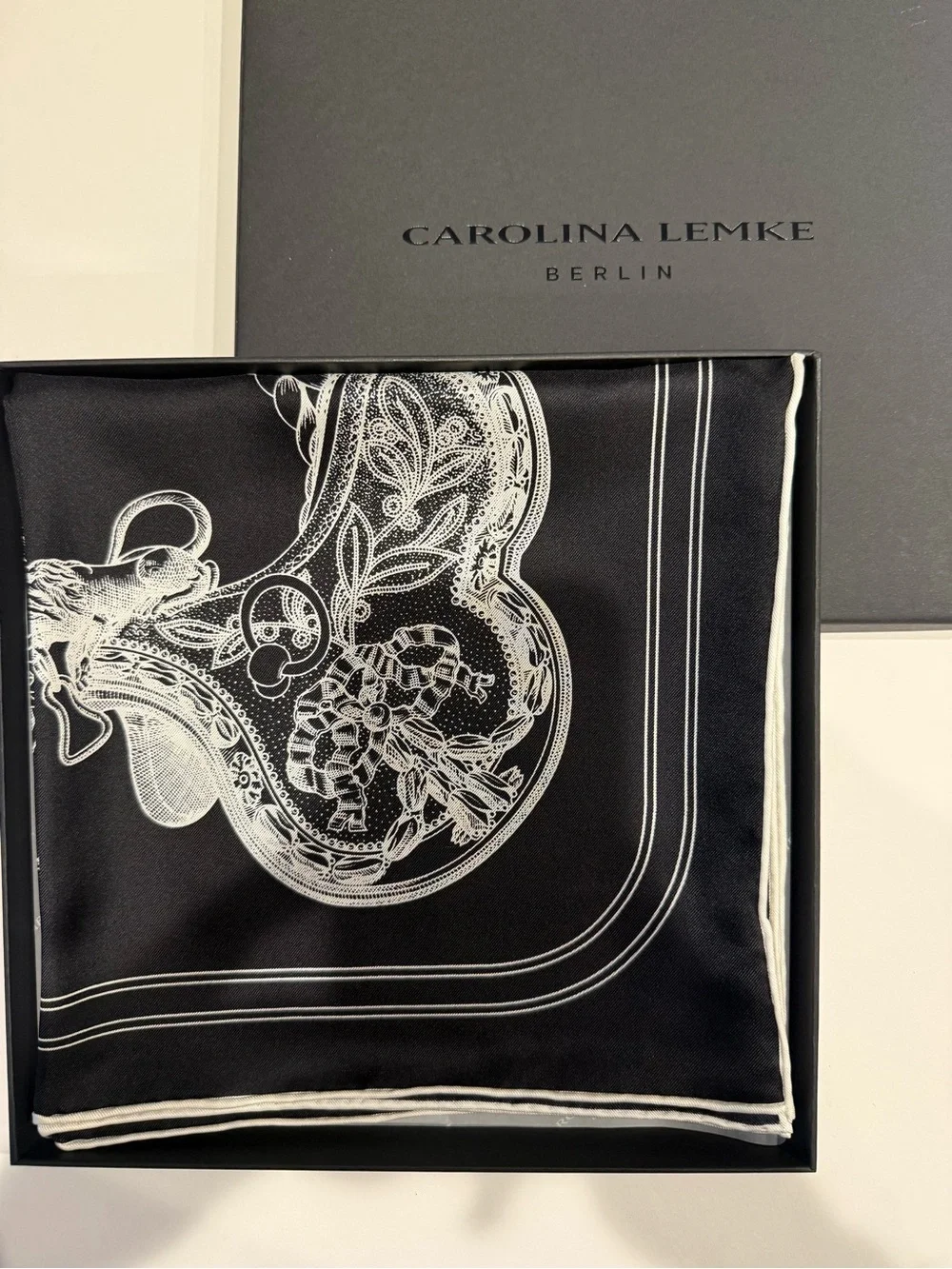 NEW Carolina Lemke Black & White Equestrian Silk Scarf Hand Rolled Edges #37